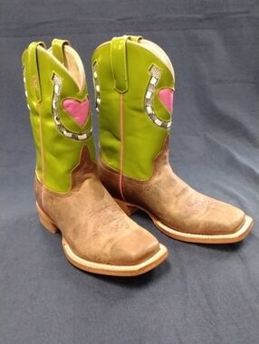 Kids Green & Pink Heart Western Boots